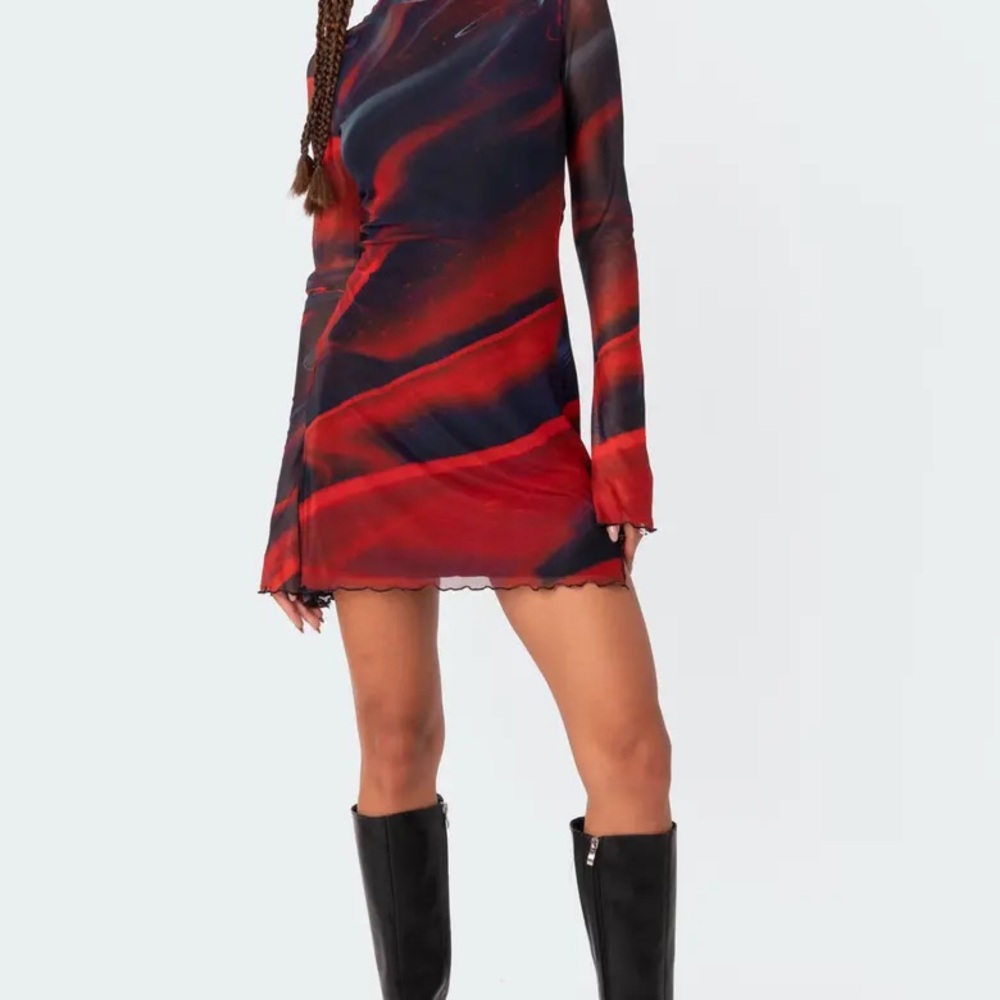 Edikted Sparks Fly Mock Neck Long Sleeve Mesh Minidress